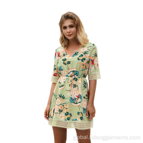 Floral Printed V-neck Chiffon Dress Half Sleeve Flower Printed V-neck Chiffon Fashion Dresses Factory